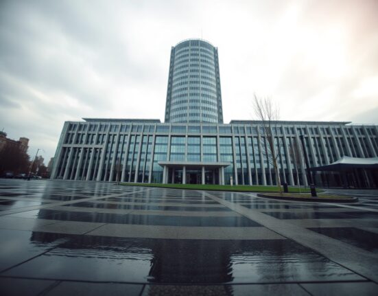 European Central Bank headquarters in Frankfurt, Germany, on a cloudy day