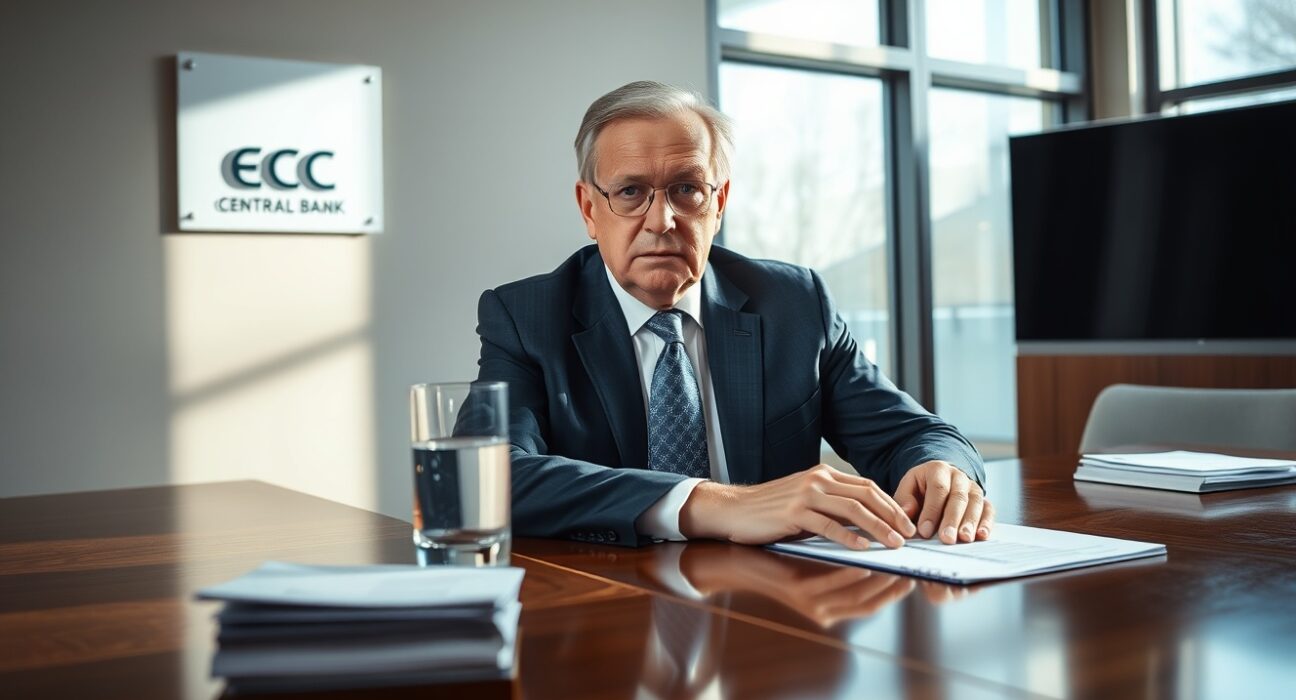 ECB board member Olli Rehn in a boardroom meeting, discussing monetary policy and inflation data.