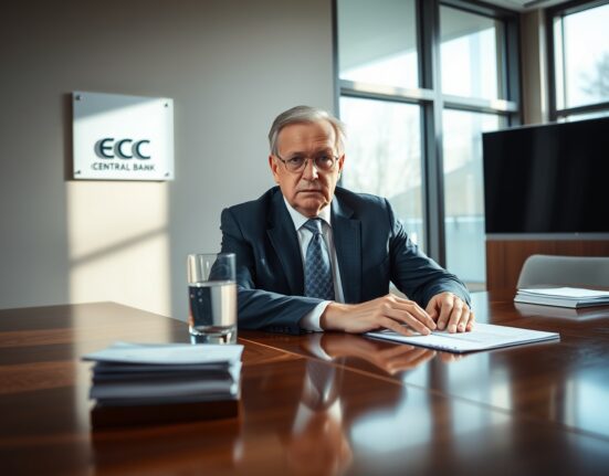 ECB board member Olli Rehn in a boardroom meeting, discussing monetary policy and inflation data.