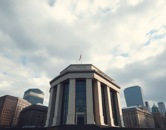 ECB headquarters in Frankfurt symbolizing monetary policy challenges with rising inflation risks and a slowing economy.