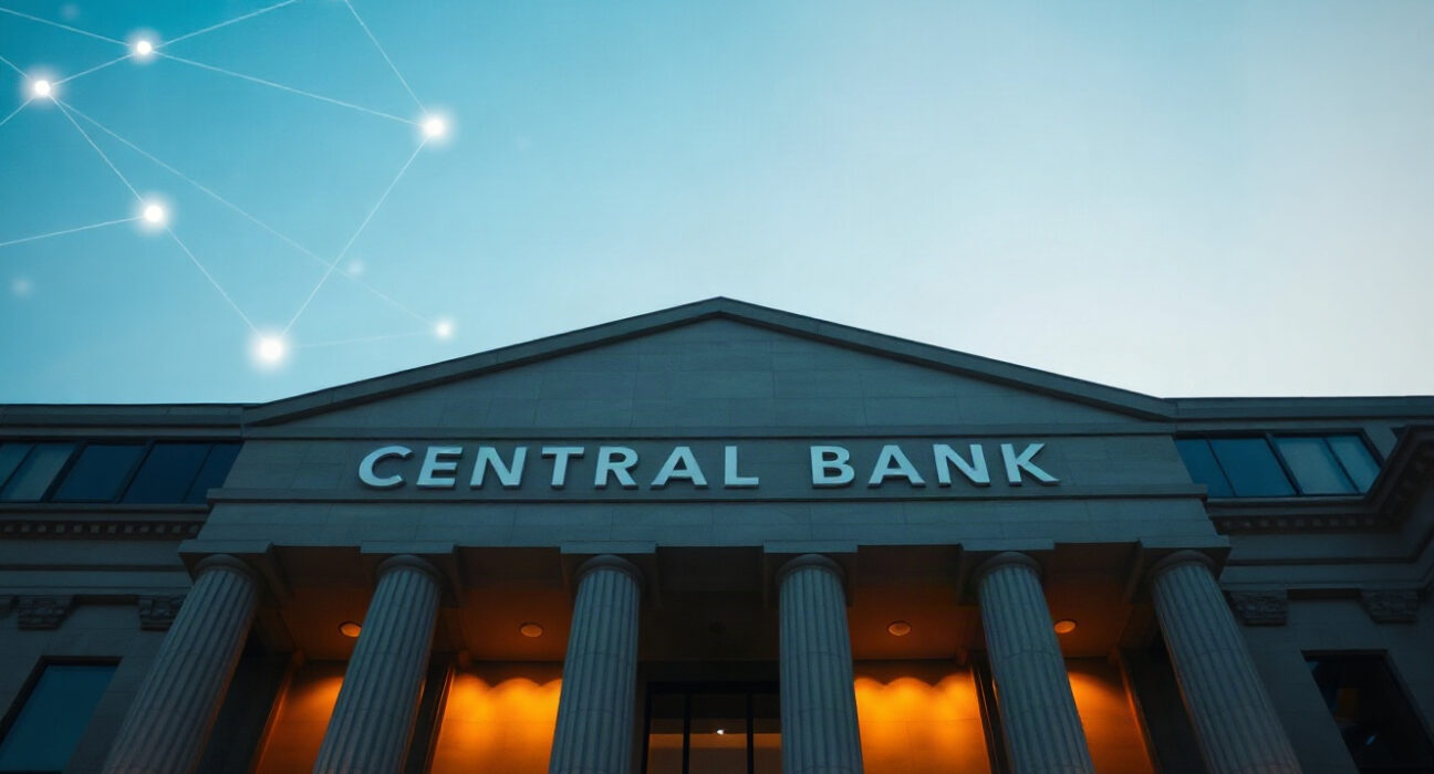 European Central Bank building with digital network overlay symbolizing blockchain integration