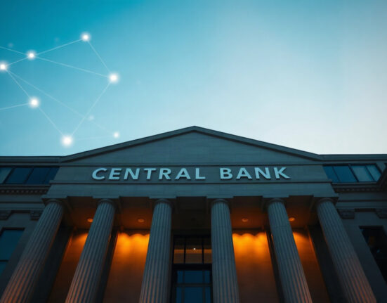 European Central Bank building with digital network overlay symbolizing blockchain integration