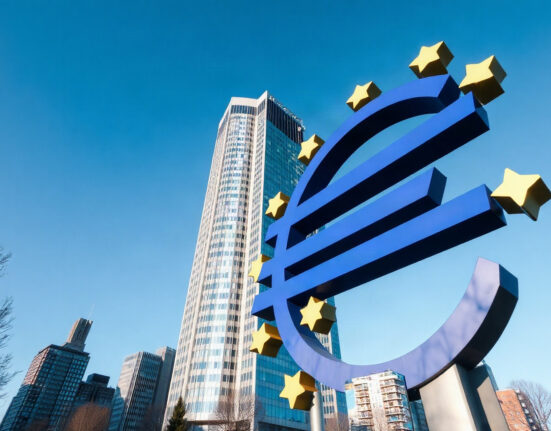 European Central Bank headquarters in Frankfurt, Germany, with the Euro sign sculpture in front.
