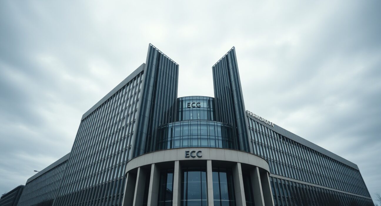 European Central Bank headquarters in Frankfurt under overcast sky, reflecting cautious economic outlook.