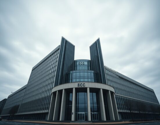 European Central Bank headquarters in Frankfurt under overcast sky, reflecting cautious economic outlook.