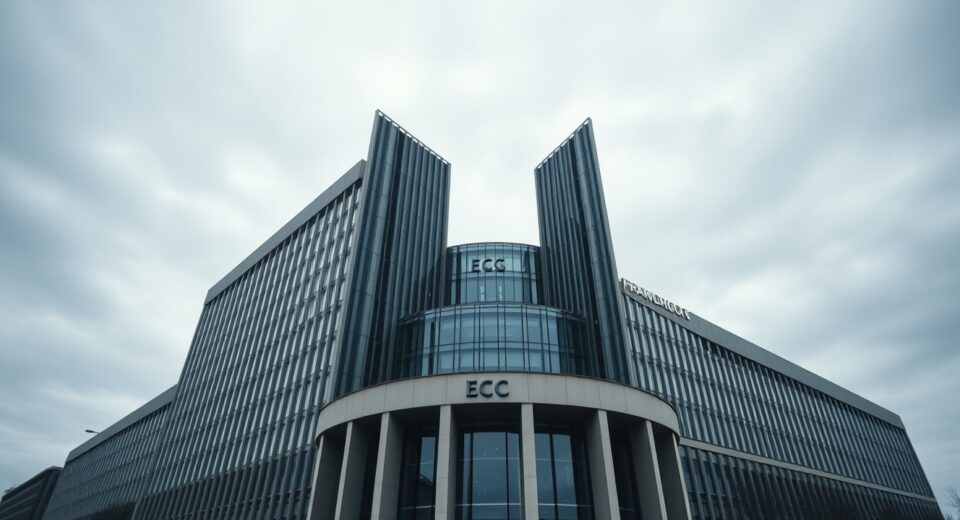 European Central Bank headquarters in Frankfurt under overcast sky, reflecting cautious economic outlook.