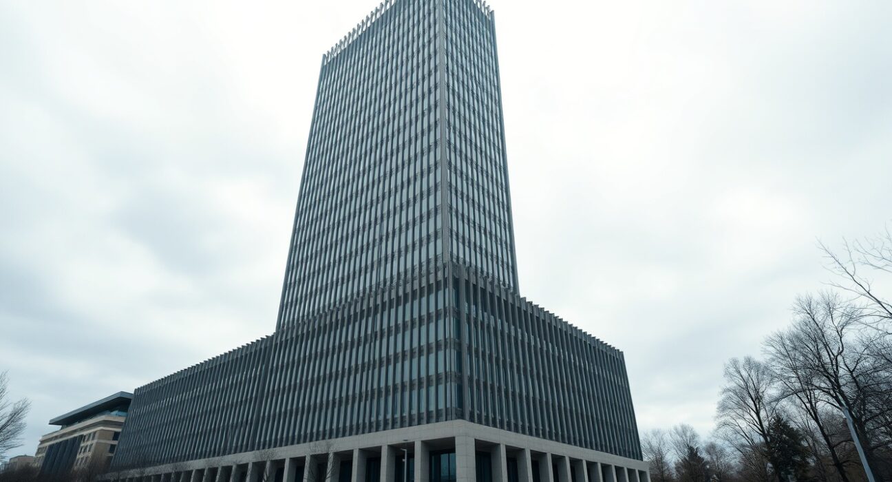 European Central Bank headquarters in Frankfurt under overcast sky, representing monetary policy concerns.