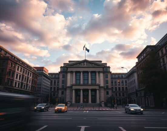 European Central Bank headquarters in Frankfurt under overcast sky
