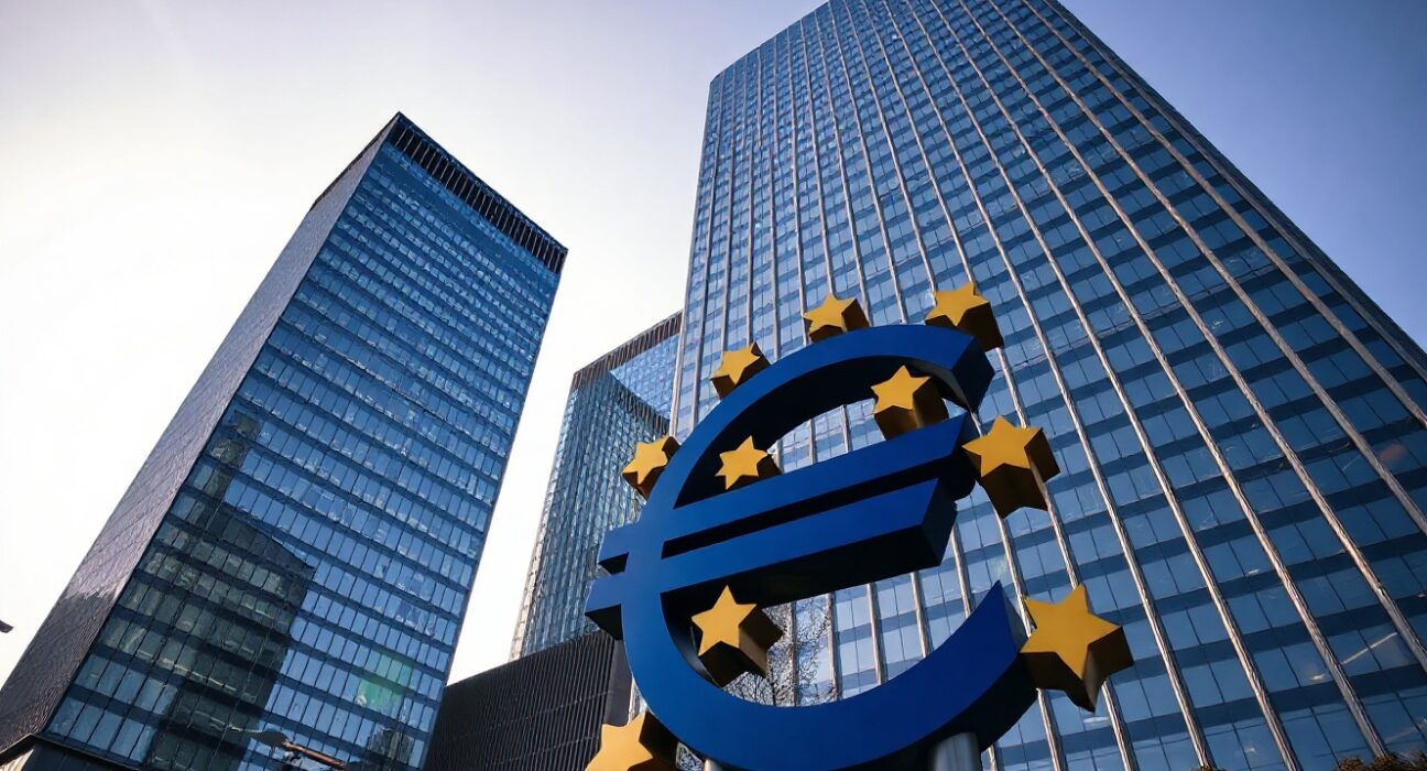 European Central Bank headquarters with euro sculpture in Frankfurt