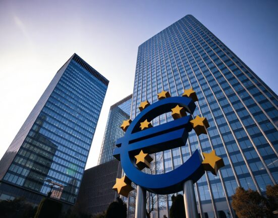 European Central Bank headquarters with euro sculpture in Frankfurt