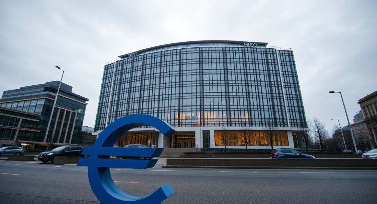 European Central Bank headquarters in Frankfurt on a cloudy afternoon