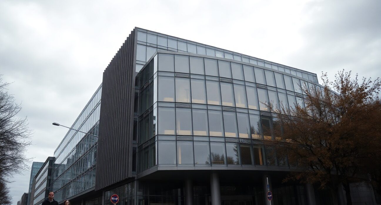 European Central Bank headquarters in Frankfurt under overcast sky, symbolizing cautious economic outlook.