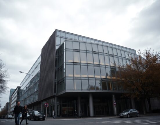 European Central Bank headquarters in Frankfurt under overcast sky, symbolizing cautious economic outlook.