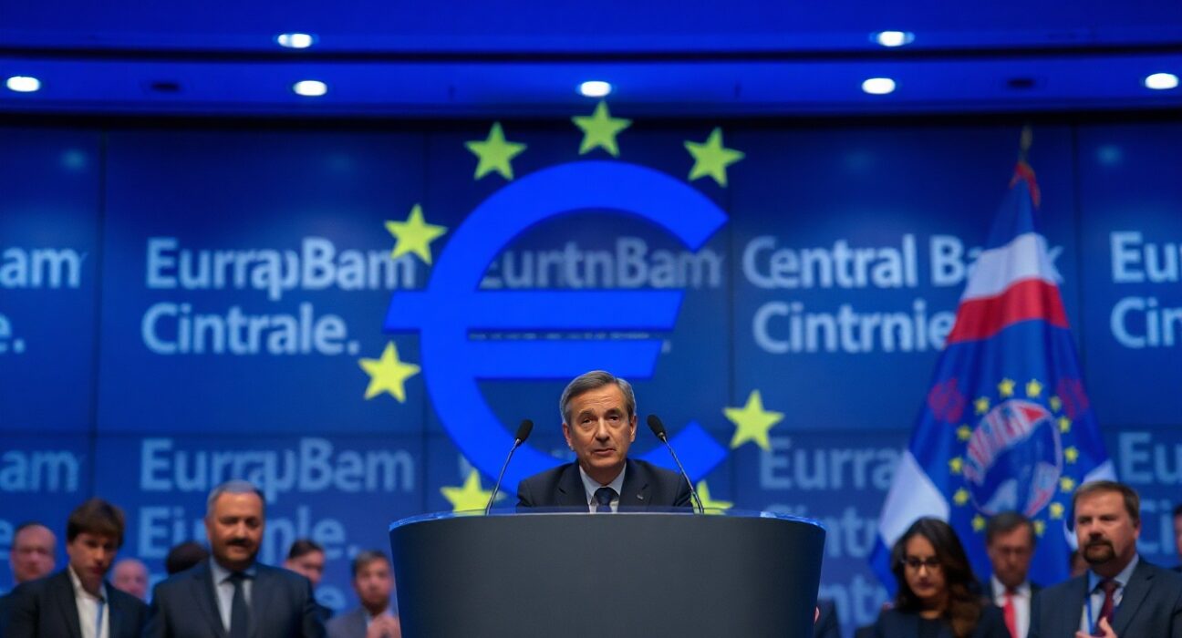 European Central Bank press conference podium with microphones in Frankfurt
