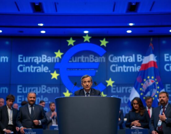 European Central Bank press conference podium with microphones in Frankfurt