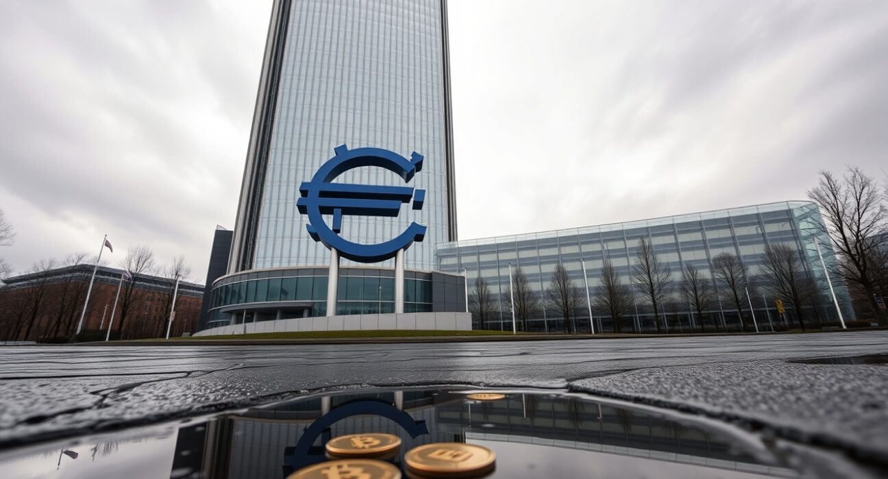 ECB headquarters in Frankfurt with digital coin reflections on wet pavement, illustrating stablecoin risks.