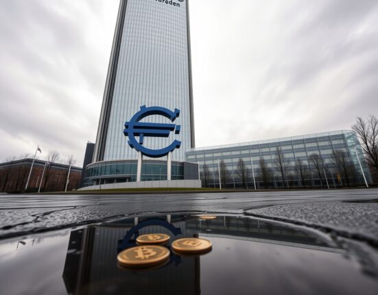 ECB headquarters in Frankfurt with digital coin reflections on wet pavement, illustrating stablecoin risks.
