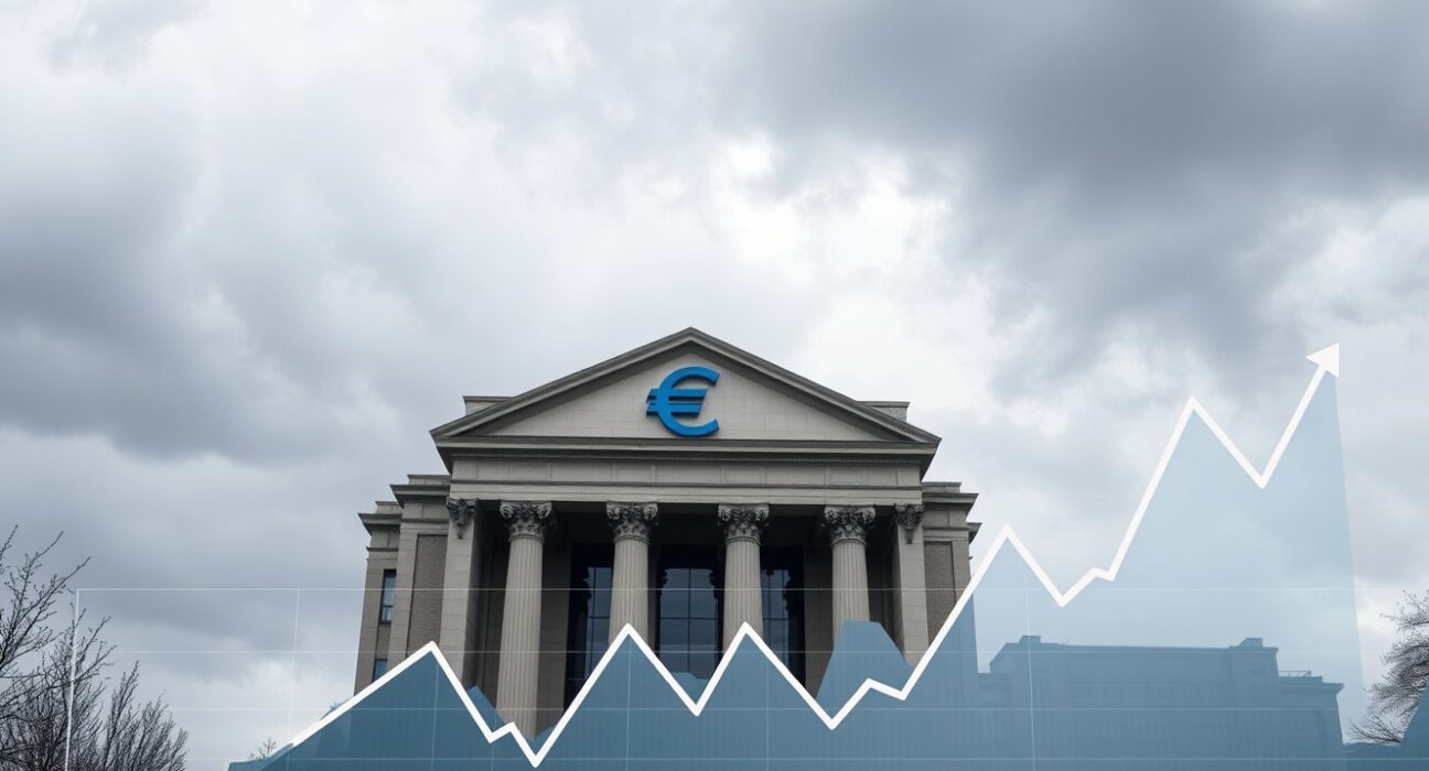 ECB stagflation risks: European Central Bank building under cloudy sky with economic charts in foreground