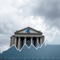 ECB stagflation risks: European Central Bank building under cloudy sky with economic charts in foreground