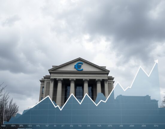 ECB stagflation risks: European Central Bank building under cloudy sky with economic charts in foreground