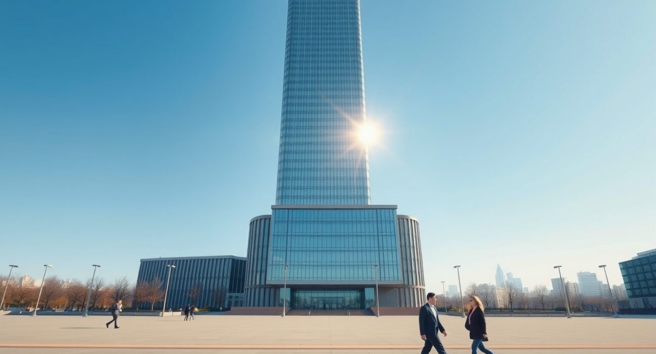 European Central Bank headquarters in Frankfurt with clear sky, representing ECB interest rate decisions and EUR forecast.