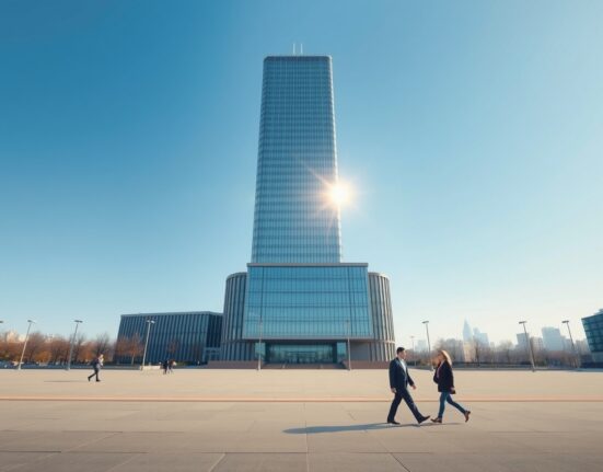 European Central Bank headquarters in Frankfurt with clear sky, representing ECB interest rate decisions and EUR forecast.