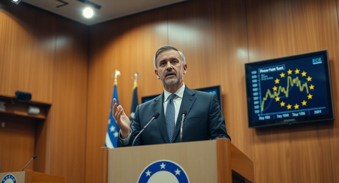 ECB Governing Council member Yannis Stournaras speaking at a press conference about inflation and monetary policy.
