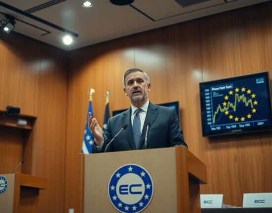 ECB Governing Council member Yannis Stournaras speaking at a press conference about inflation and monetary policy.