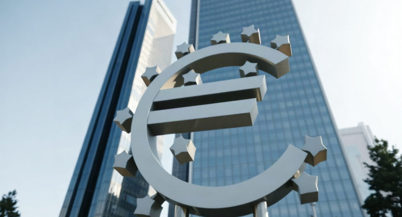 European Central Bank headquarters in Frankfurt with euro sculpture in foreground
