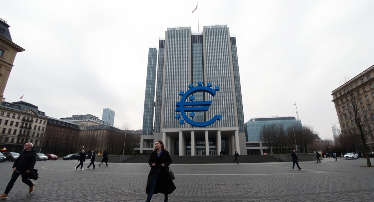 European Central Bank headquarters in Frankfurt under overcast sky, representing monetary policy decisions.
