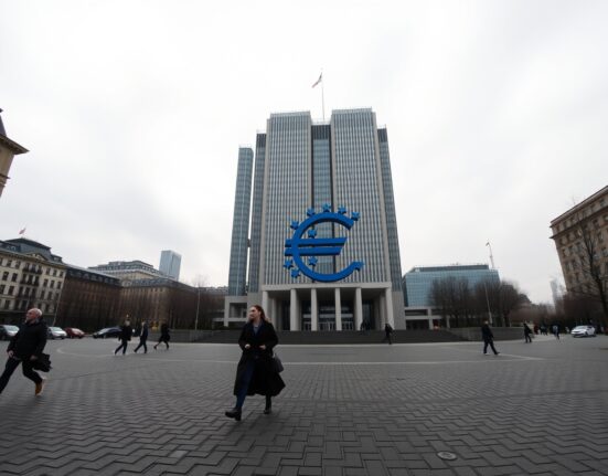 European Central Bank headquarters in Frankfurt under overcast sky, representing monetary policy decisions.