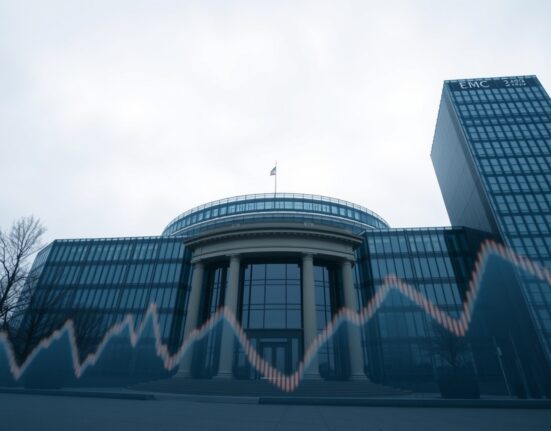 ECB headquarters in Frankfurt with subtle financial chart overlays representing market spreads.