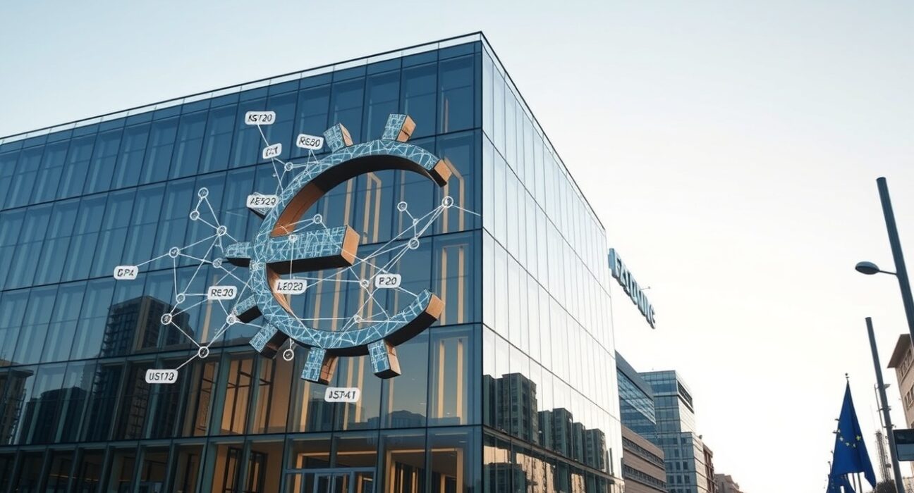 European Central Bank headquarters with digital blockchain integration representing ECB crypto supervision and EU regulatory authority