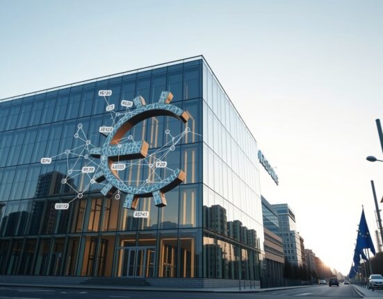 European Central Bank headquarters with digital blockchain integration representing ECB crypto supervision and EU regulatory authority
