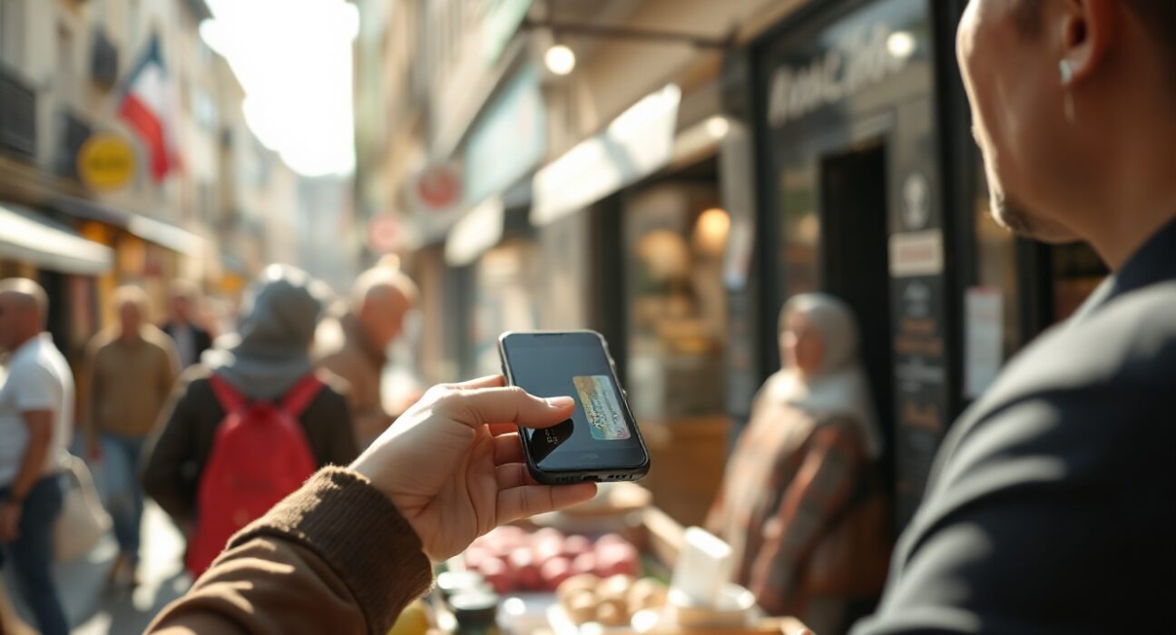 European merchant and customer using contactless payment at a market stall