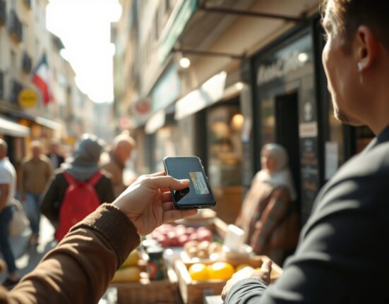 European merchant and customer using contactless payment at a market stall
