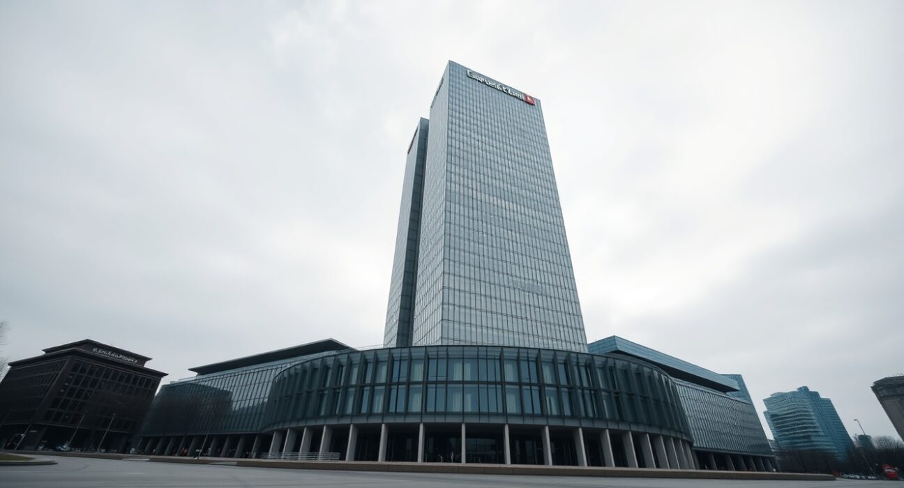European Central Bank headquarters in Frankfurt with overcast sky, representing monetary policy outlook.