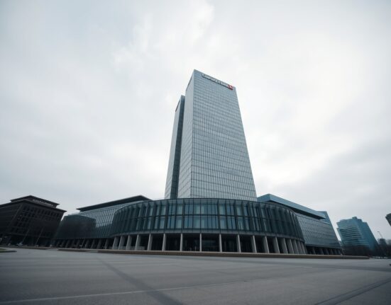European Central Bank headquarters in Frankfurt with overcast sky, representing monetary policy outlook.