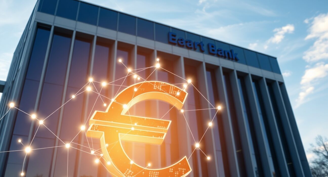 European Central Bank headquarters with blockchain technology overlay representing financial tokenization framework.