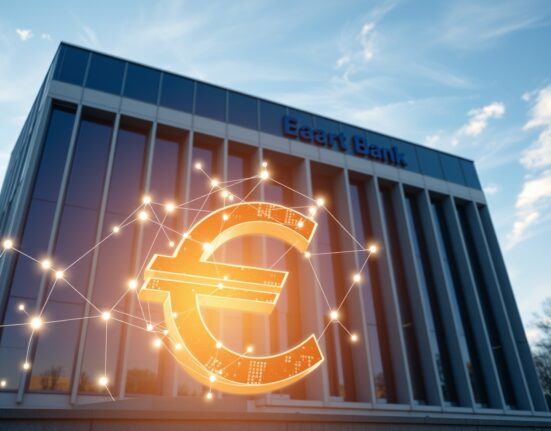 European Central Bank headquarters with blockchain technology overlay representing financial tokenization framework.