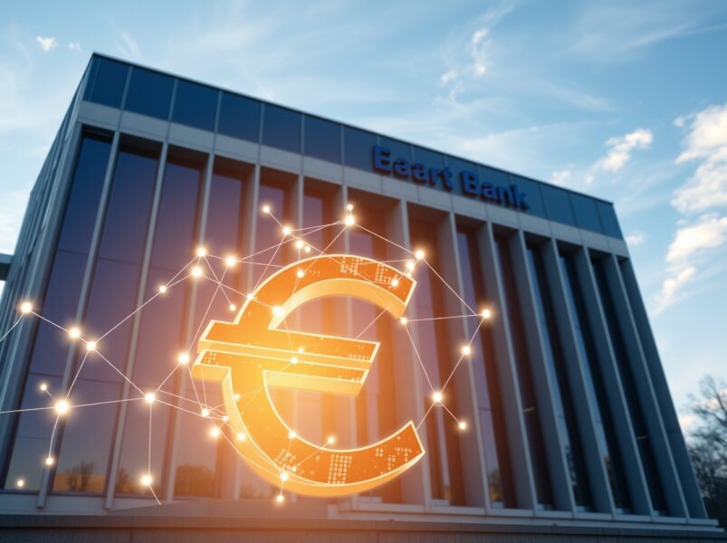 European Central Bank headquarters with blockchain technology overlay representing financial tokenization framework.