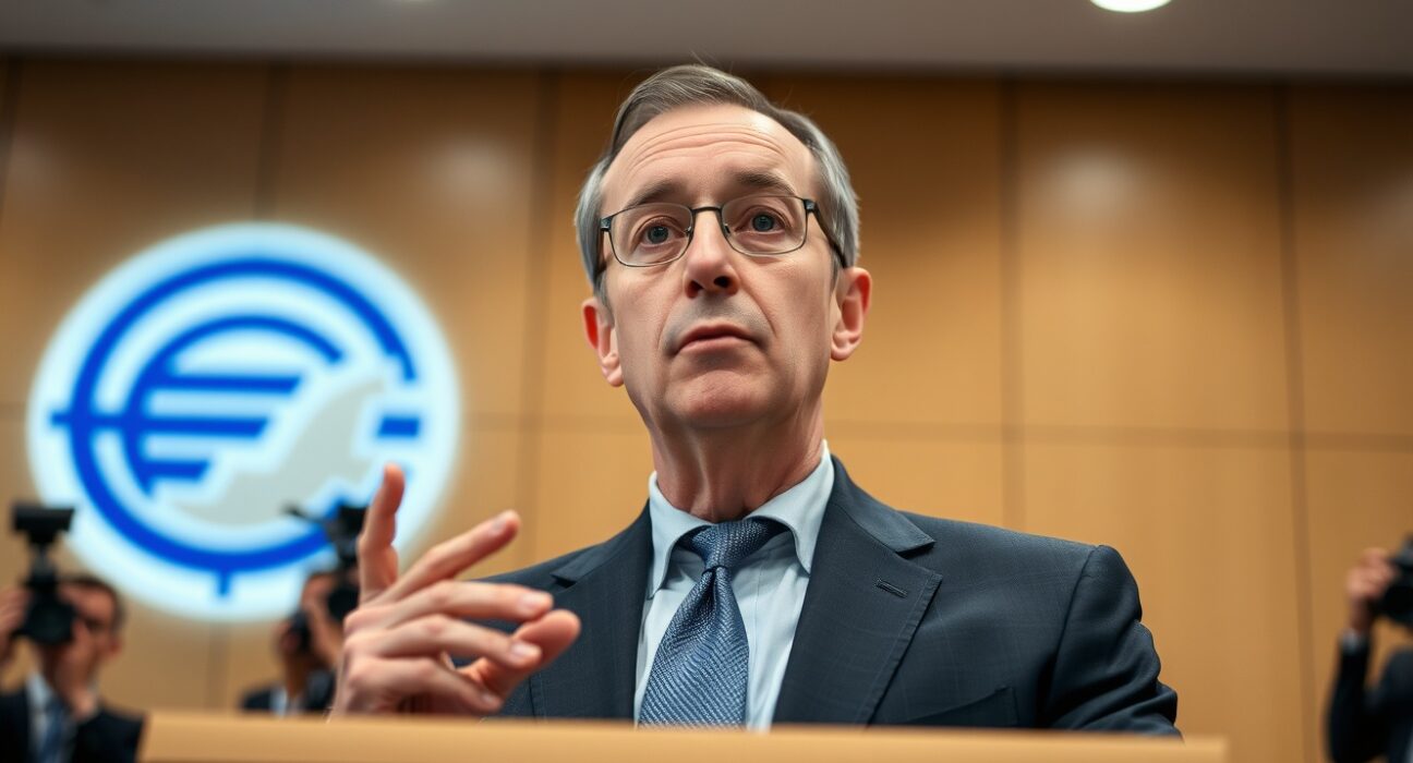 ECB Governing Council member Francois Villeroy de Galhau speaking at a press conference in Frankfurt