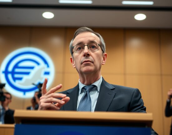 ECB Governing Council member Francois Villeroy de Galhau speaking at a press conference in Frankfurt