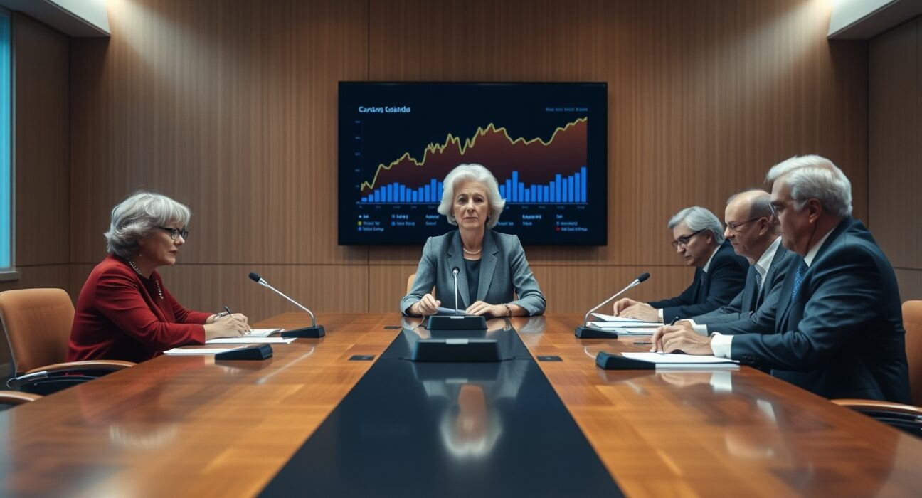 ECB officials meeting at conference table with economic data on screen in Frankfurt