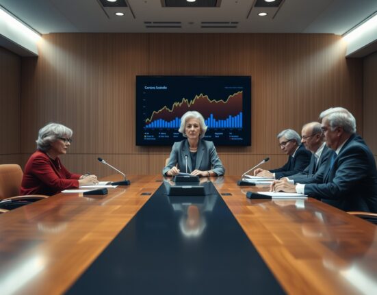 ECB officials meeting at conference table with economic data on screen in Frankfurt