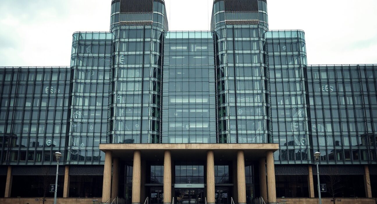 European Central Bank headquarters in Frankfurt under overcast sky, representing stablecoin regulatory debate.