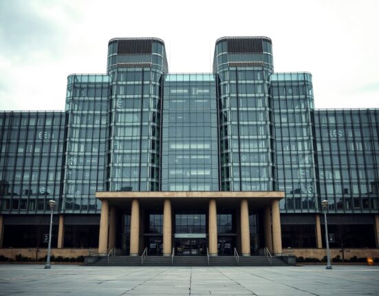 European Central Bank headquarters in Frankfurt under overcast sky, representing stablecoin regulatory debate.