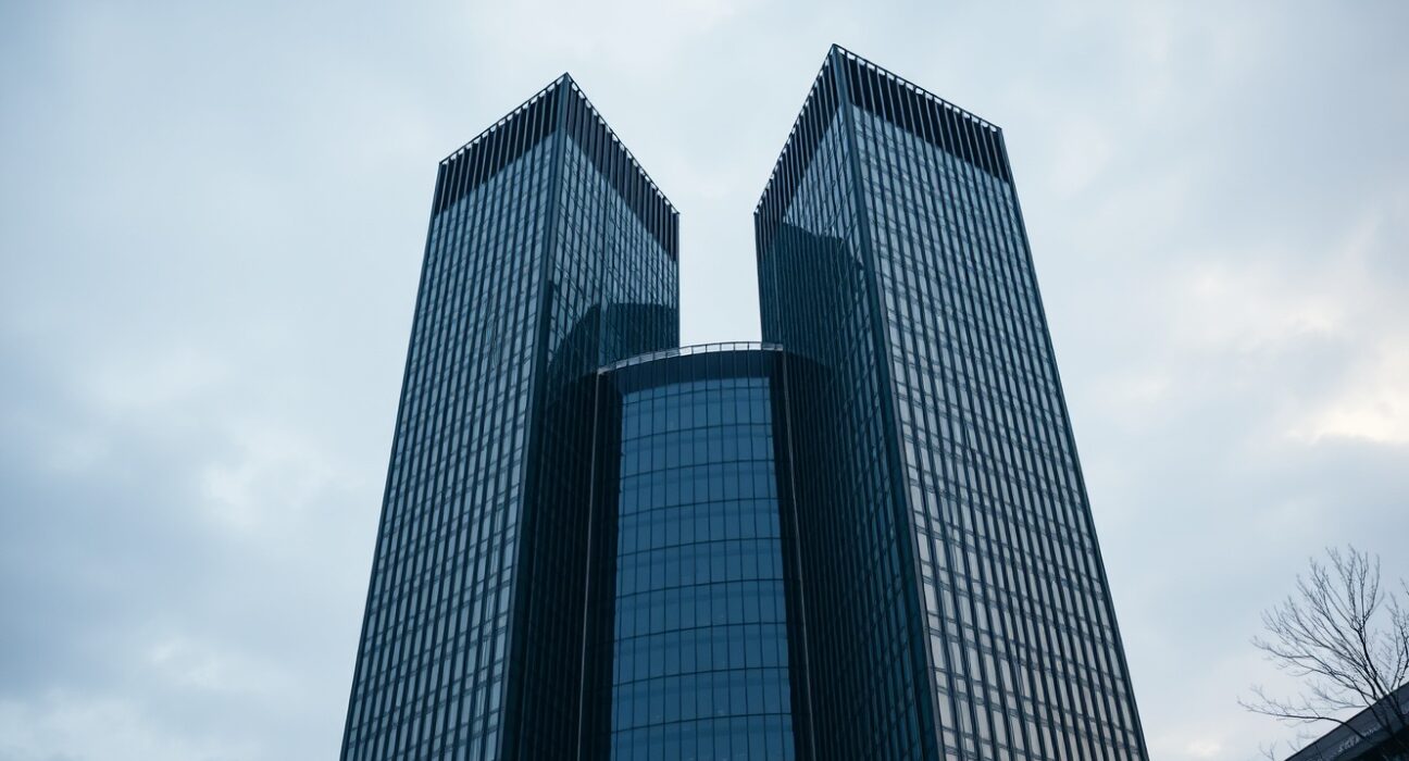 European Central Bank headquarters in Frankfurt on a cloudy day