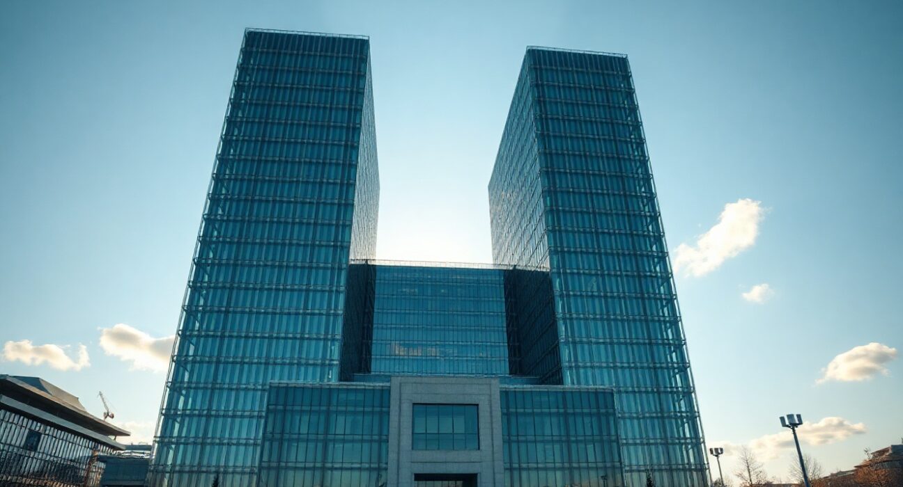 European Central Bank headquarters in Frankfurt, Germany, under clear afternoon sky