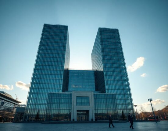 European Central Bank headquarters in Frankfurt, Germany, under clear afternoon sky